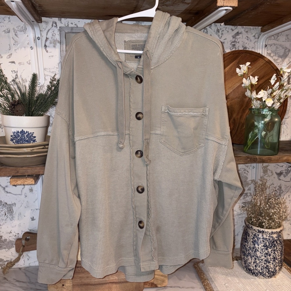 American Eagle XS/S Lived In Oversized Waffle Knit Button Hoodie Shirt Cozy